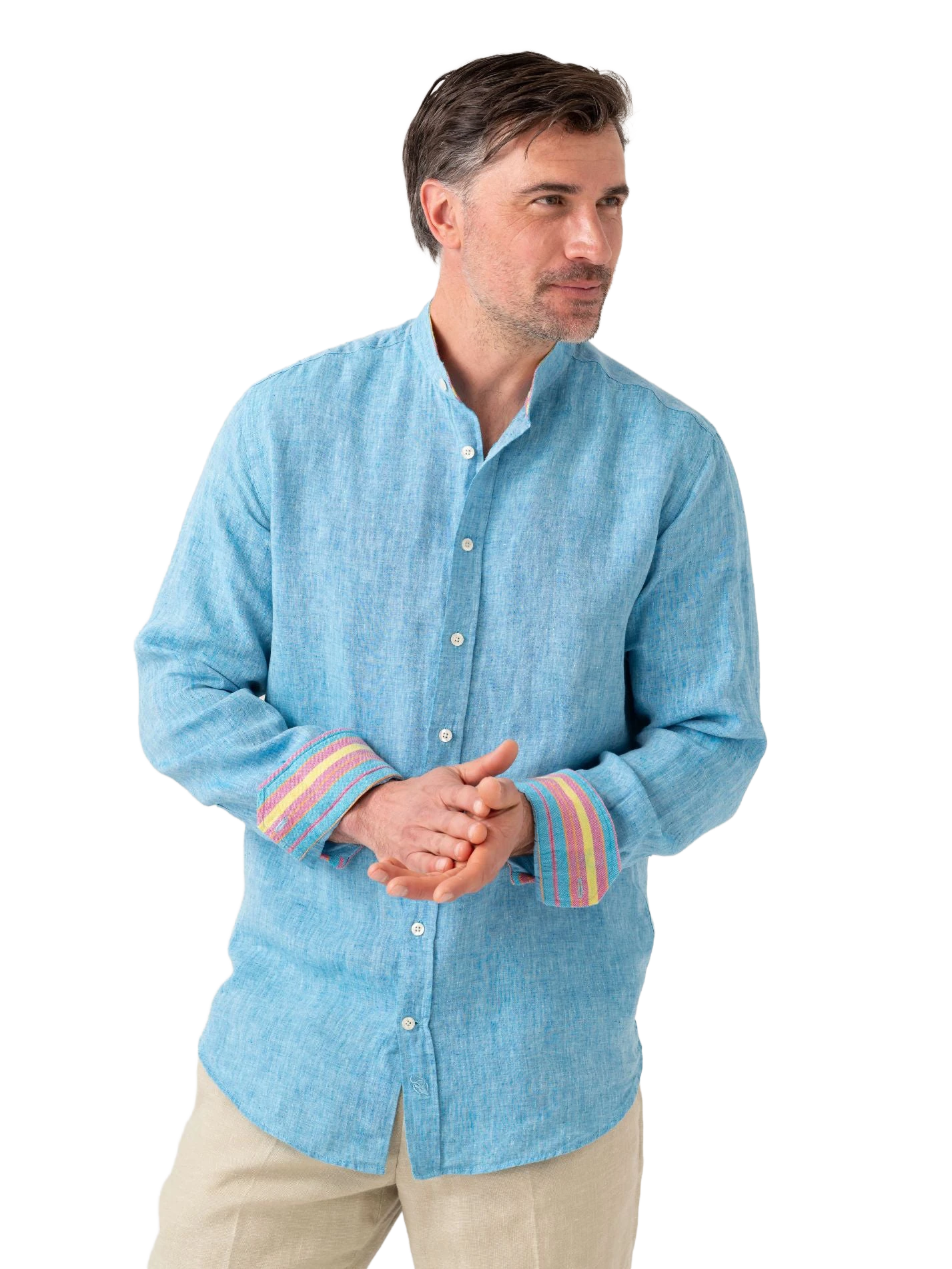 Nyota Turquoise Linen Shirt - Grandfather Collar