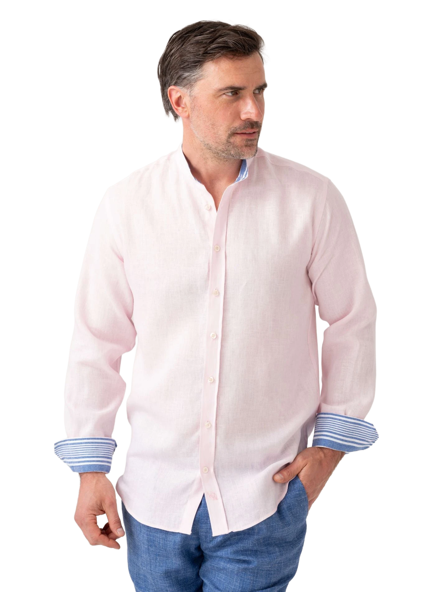 Flamingo Pink Linen Shirt - Grandfather Collar